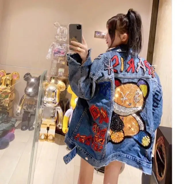 2024 Women's Denim Jacket | Bear Cartoon Diamond-Embellished Outerwear