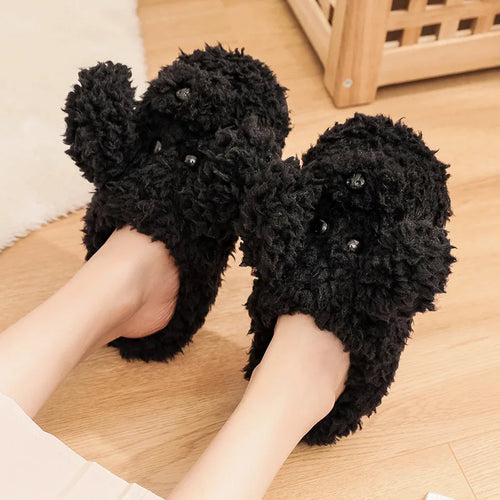 2024 Winter Plush Fur Slippers For Women / Cute Dog Furry Cotton