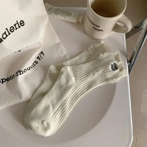 Embroidered Letter & Distressed Detail Beggar Socks for Women - Autumn/Winter Collection