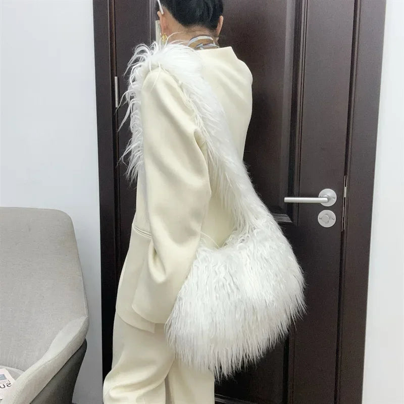 Long Plush Women's Large Shoulder Bag Luxury Faux Fur Female Messenger