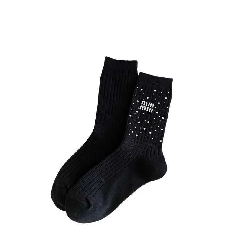 Trendy Rhinestone-Embellished Black & White Tube Socks for Women