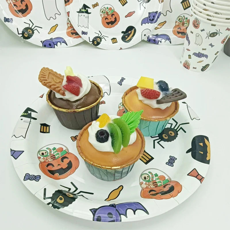 1Set Spider Ghost Pumpkin Printed Disposable Tableware Happy Halloween 2024