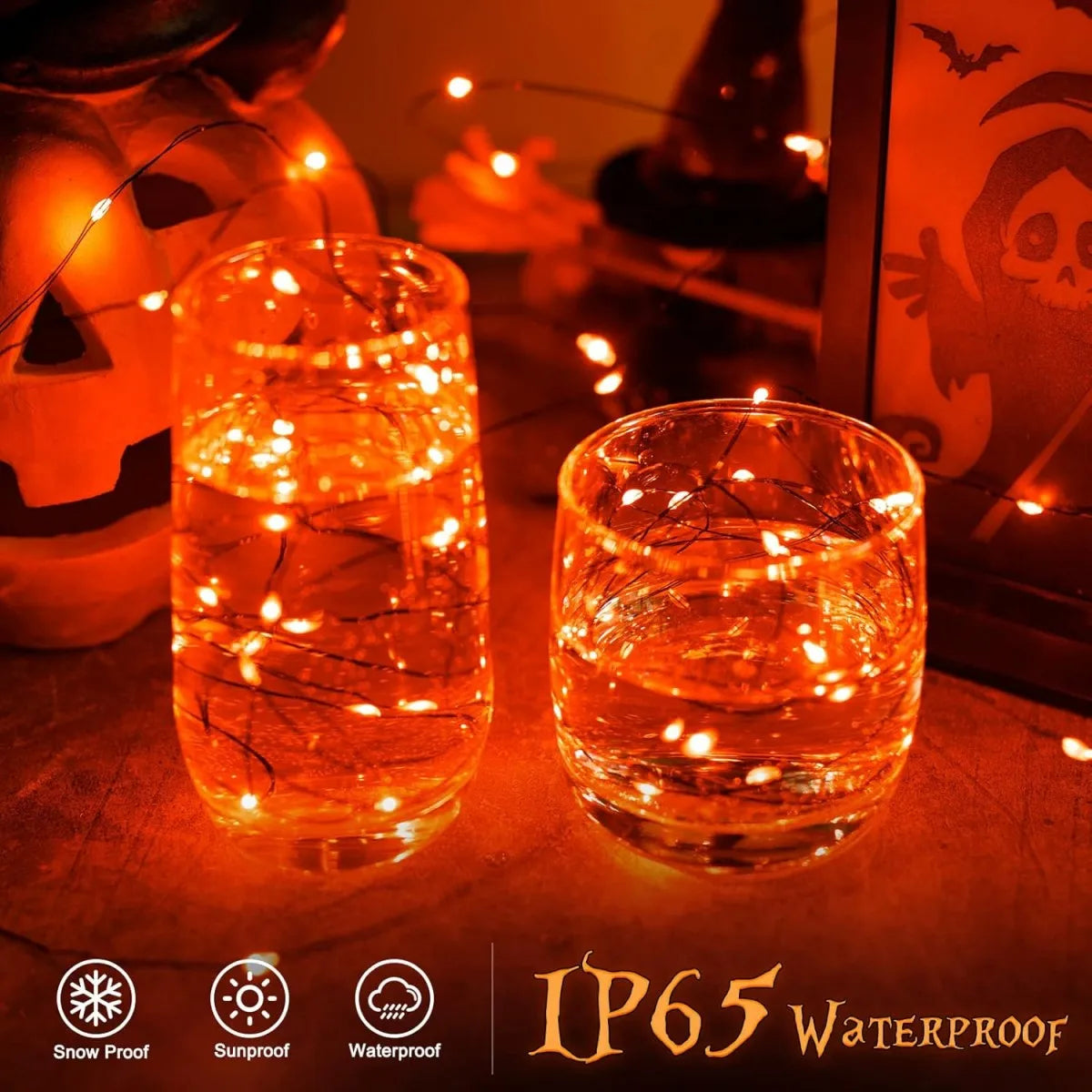 2024 2 Pack 120LED Halloween Solar Powered Black Copper Wire Lamp Lights