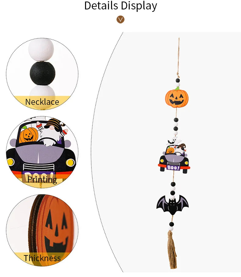 2024 Halloween Wooden Tassel Beads Pendant Gnome Pumpkin Bat Ghost