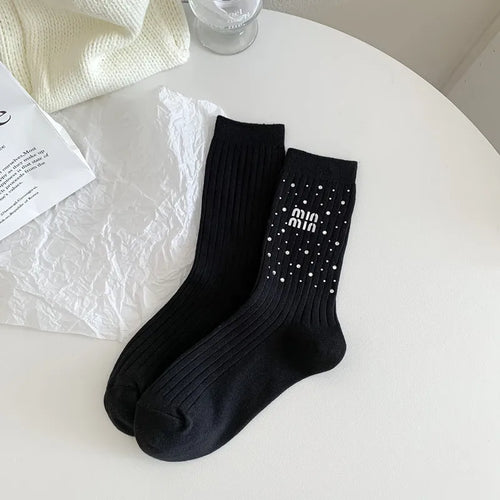 Trendy Rhinestone-Embellished Black & White Tube Socks for Women