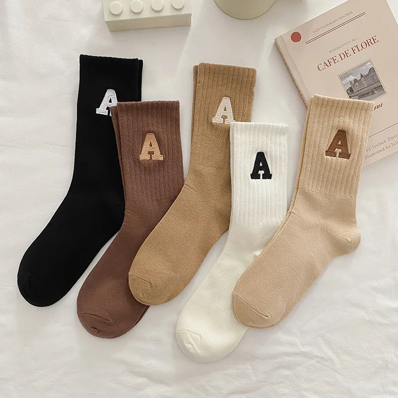 Women's Ribbed Knitted White Socks with Embroidered Letters - Autumn & Winter Collection