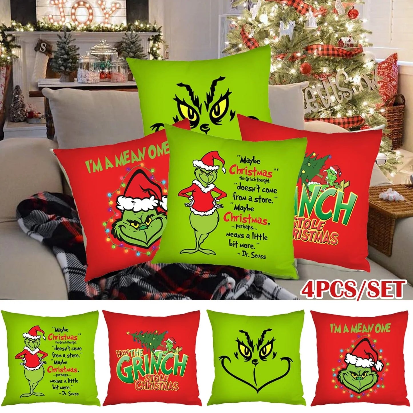 Grinch-Inspired Christmas Throw Pillow Covers – Set of 4 (18x18 inches)