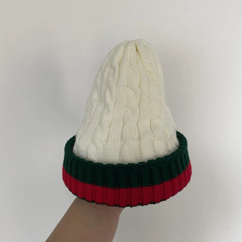 Striped Knit Beanie for Women – Plus Velvet Warm Winter Hat