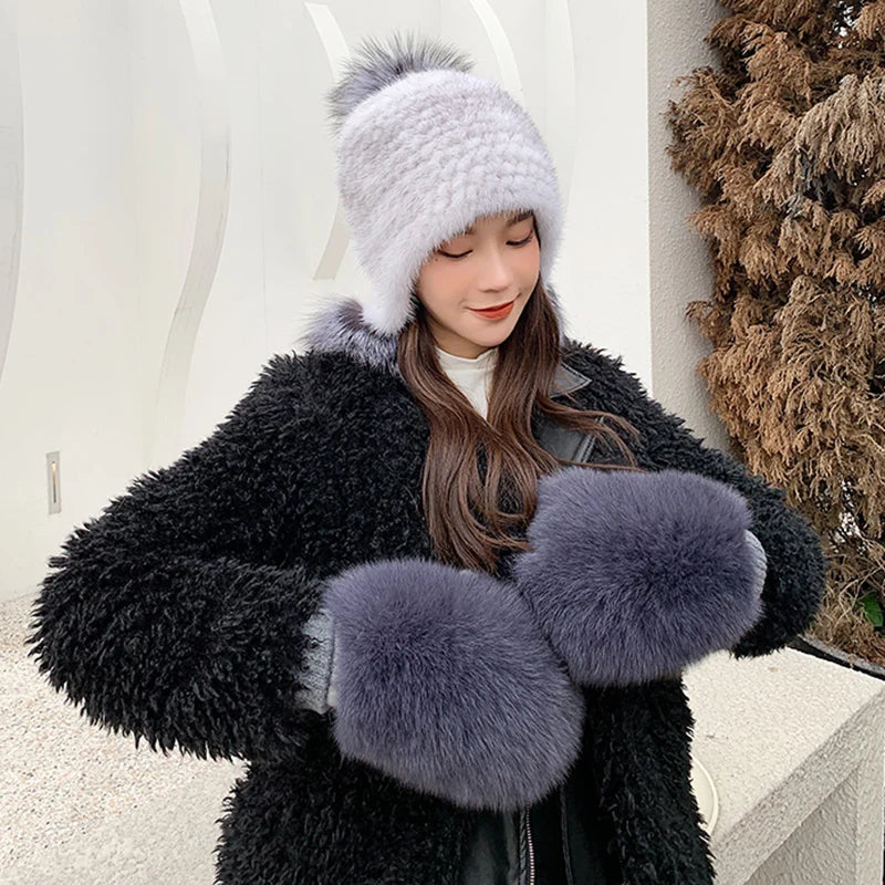 100% Genuine Fox Fur Mittens – Women’s Thick Knitted Winter Gloves