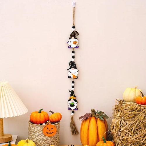 2024 Halloween Wooden Tassel Beads Pendant Gnome Pumpkin Bat Ghost