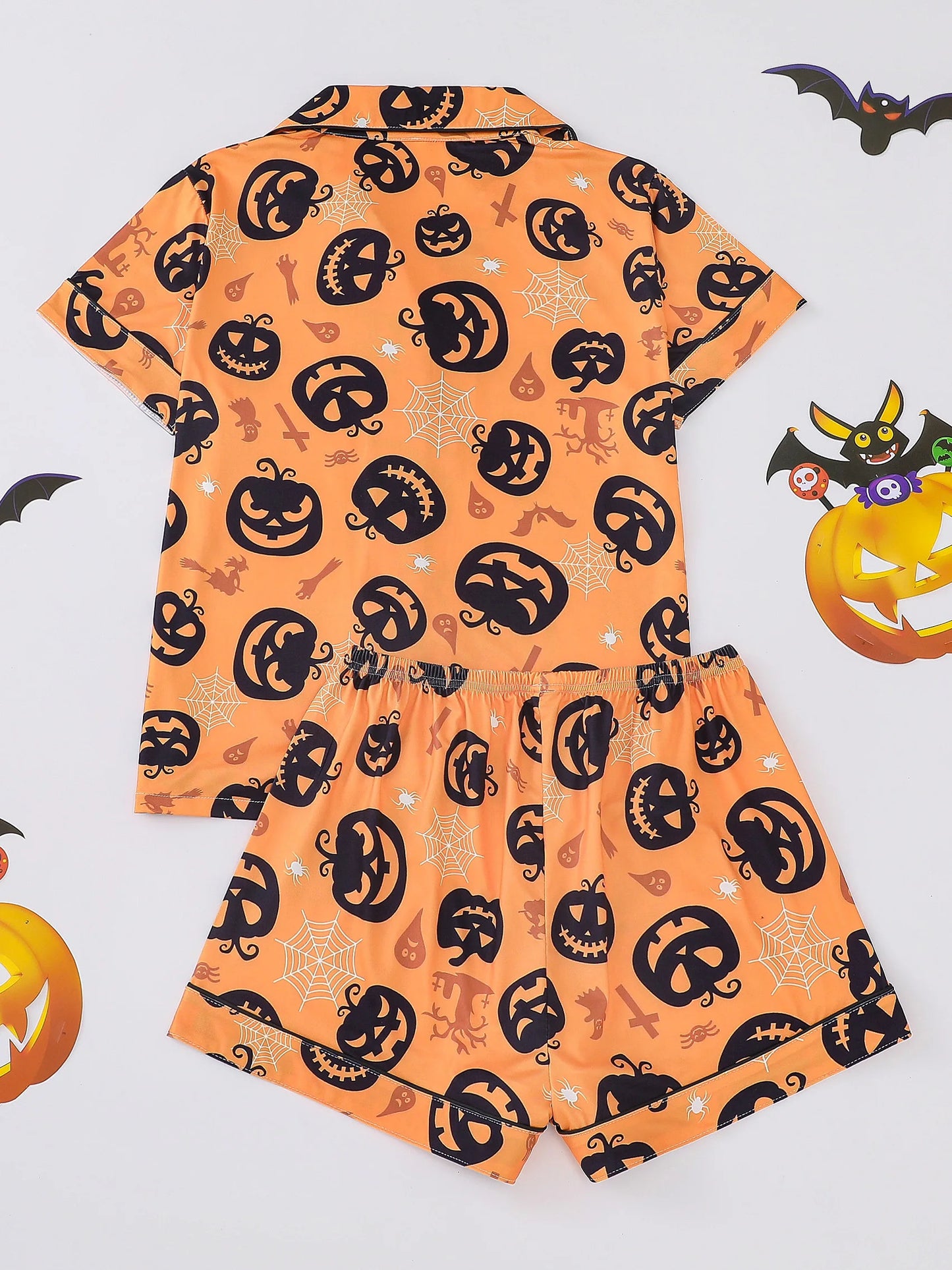 2024 Halloween Pumpkin & Bat Print Women's Pajama Set | Comfortable Sleepwear