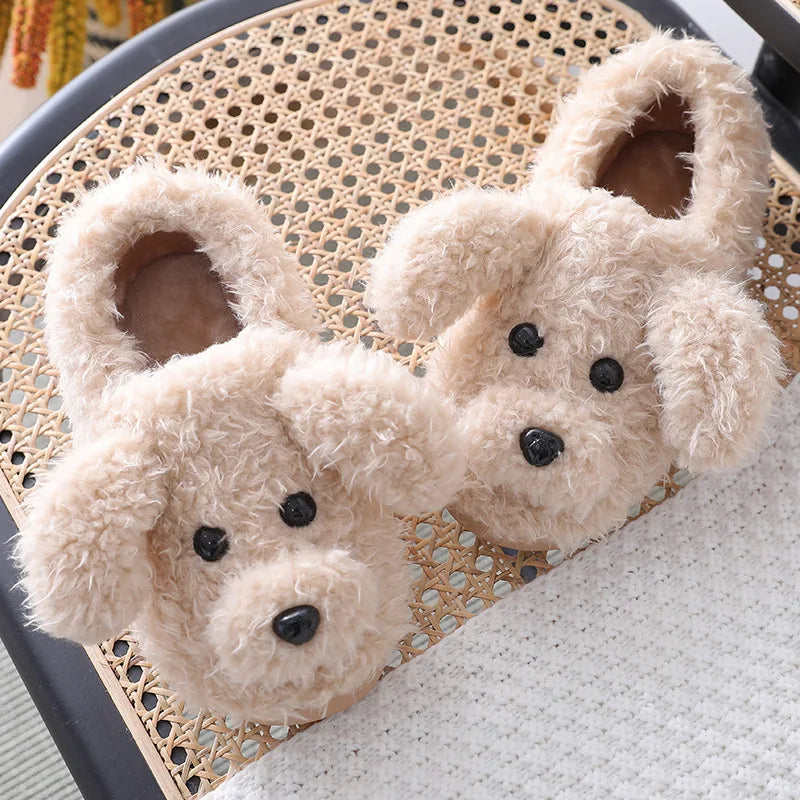 2024 Winter Plush Fur Slippers For Women / Cute Dog Furry Cotton