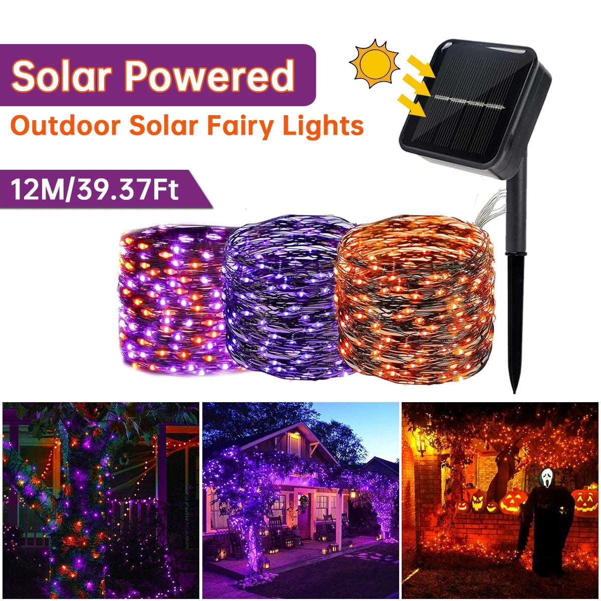 2024 2 Pack 120LED Halloween Solar Powered Black Copper Wire Lamp Lights