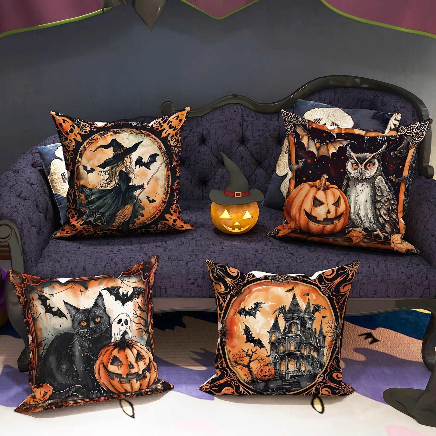 Halloween decorative pillowcase, witch pumpkin cat castle pattern,