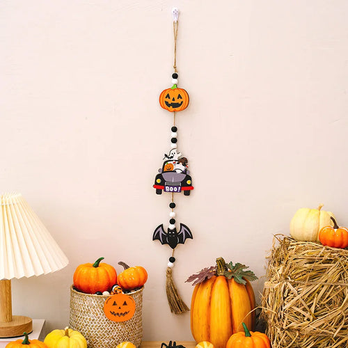 2024 Halloween Wooden Tassel Beads Pendant Gnome Pumpkin Bat Ghost