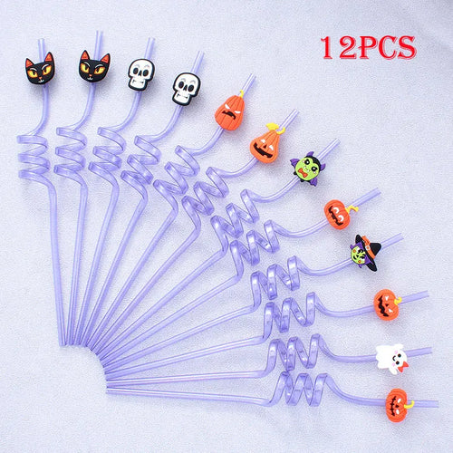 12pcs ReusablePlastic Straw Halloween Theme Cartoon Style Straws