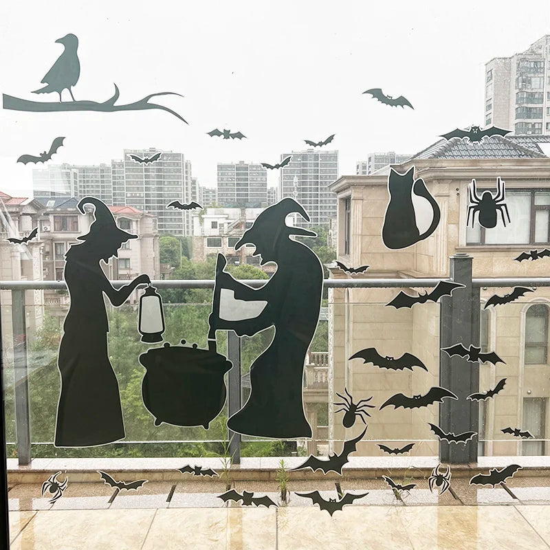 4pcs/set Halloween Witch Window Glass Stickers Horror Black Cat Spider