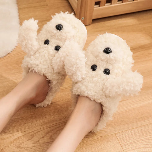 2024 Winter Plush Fur Slippers For Women / Cute Dog Furry Cotton