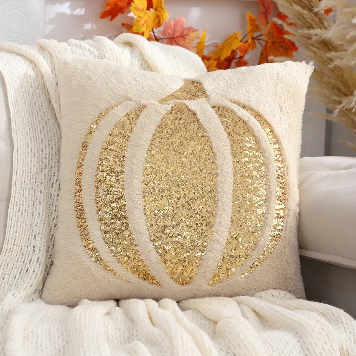 2024 1-Pack Halloween Pumpkin Plush Throw Pillow Covers With Sequin