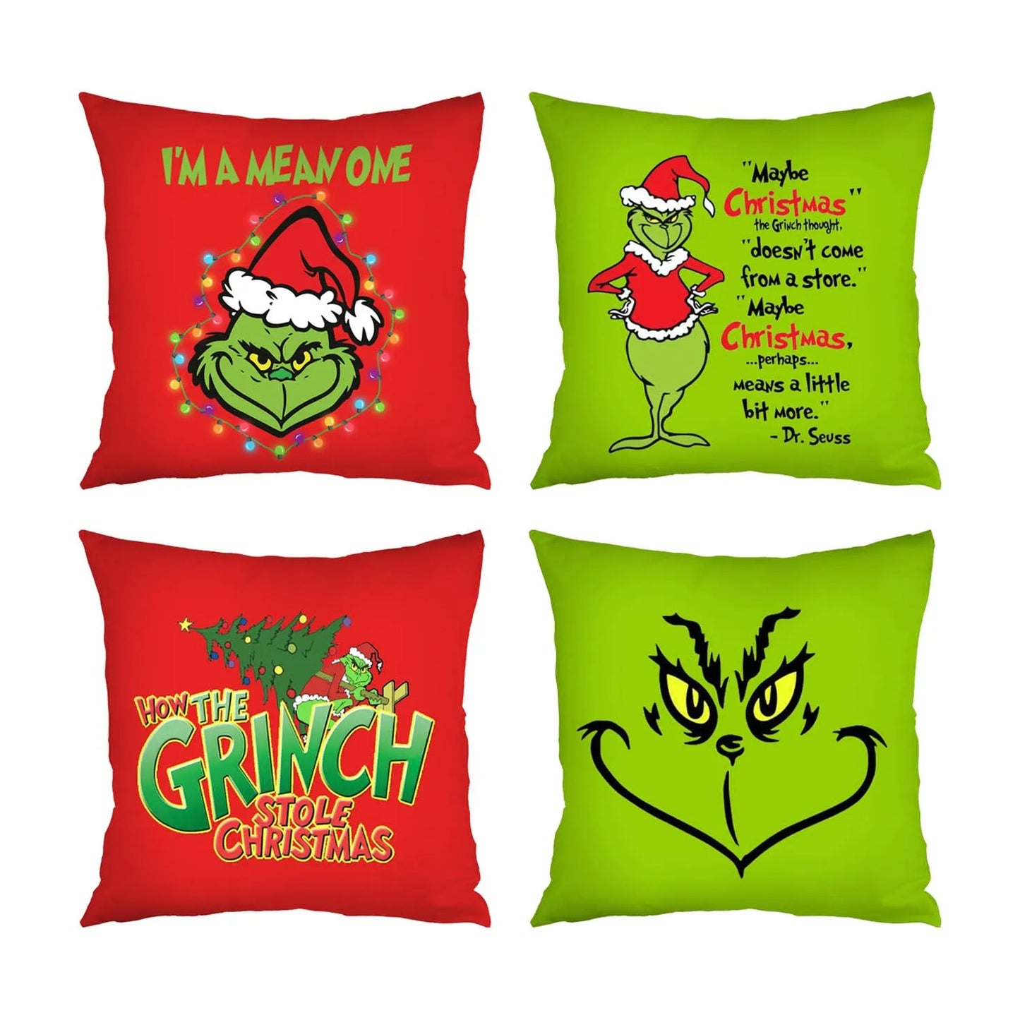 Grinch-Inspired Christmas Throw Pillow Covers – Set of 4 (18x18 inches)