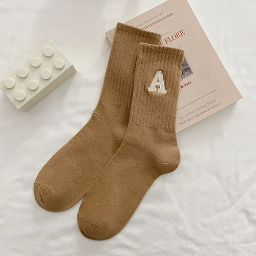 Women's Ribbed Knitted White Socks with Embroidered Letters - Autumn & Winter Collection