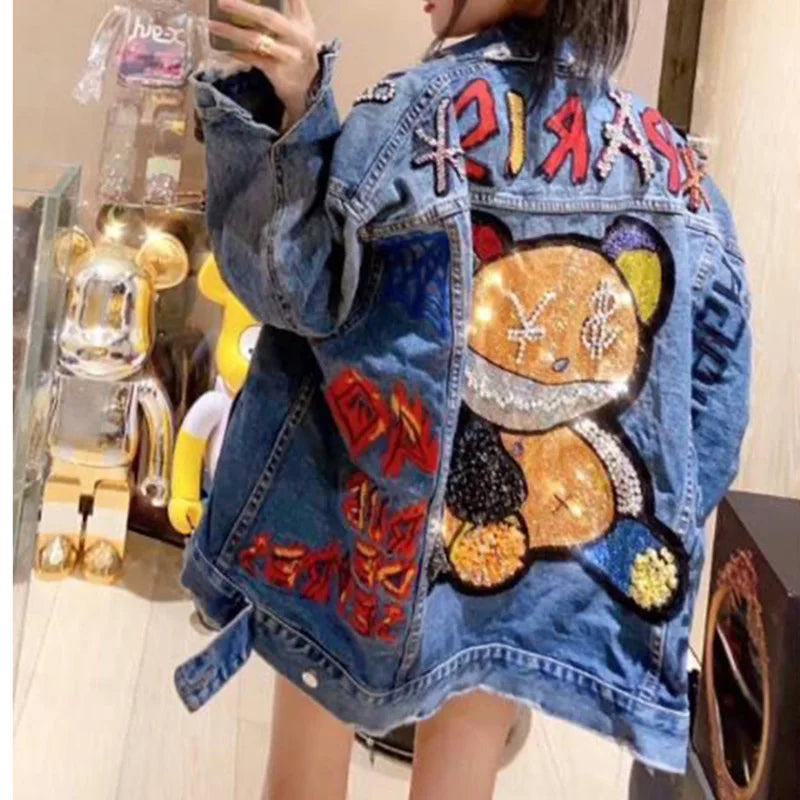 2024 Women's Denim Jacket | Bear Cartoon Diamond-Embellished Outerwear