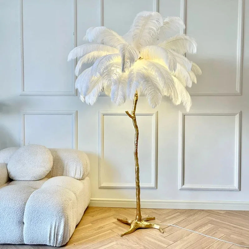 Nordic Ostrich Feather Led Floor Lamp Copper Resin 2024