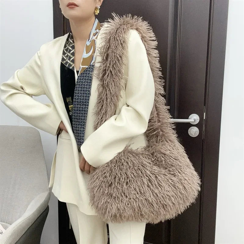 Long Plush Women's Large Shoulder Bag Luxury Faux Fur Female Messenger