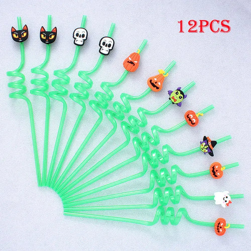 12pcs ReusablePlastic Straw Halloween Theme Cartoon Style Straws