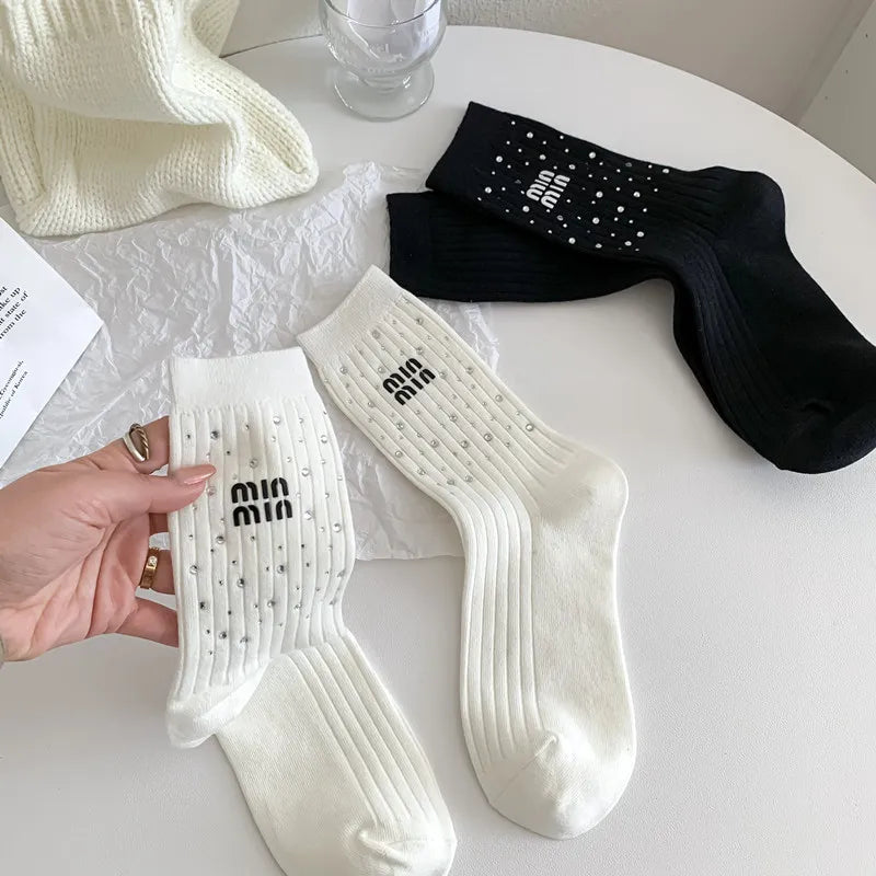 Trendy Rhinestone-Embellished Black & White Tube Socks for Women