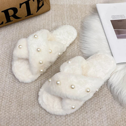 2024 Pearl Fluffy Slippers | Women's Winter * Autumn Cozy Slides