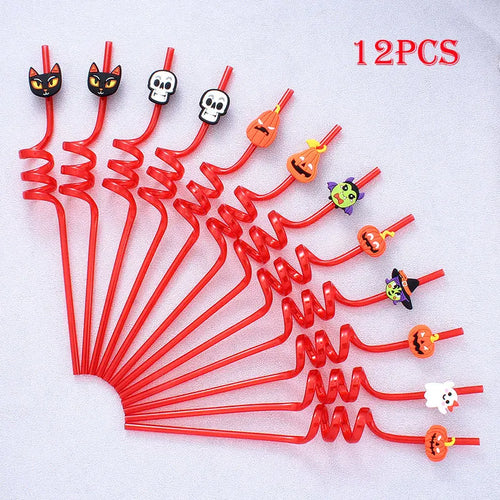 12pcs ReusablePlastic Straw Halloween Theme Cartoon Style Straws