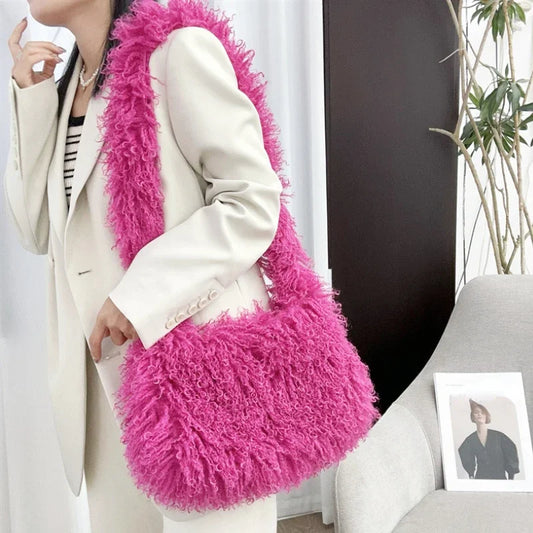 Long Plush Women's Large Shoulder Bag Luxury Faux Fur Female Messenger