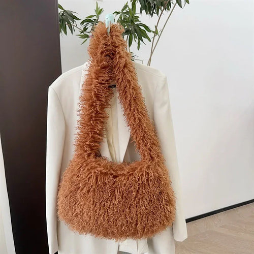 Long Plush Women's Large Shoulder Bag Luxury Faux Fur Female Messenger