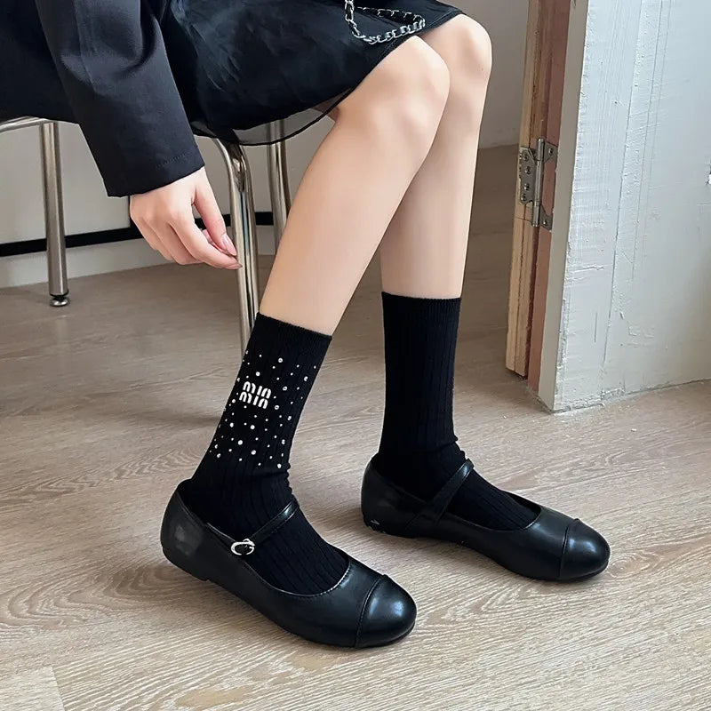 Trendy Rhinestone-Embellished Black & White Tube Socks for Women