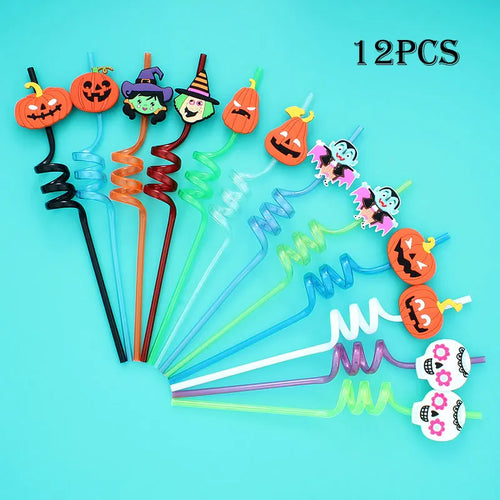 12pcs ReusablePlastic Straw Halloween Theme Cartoon Style Straws