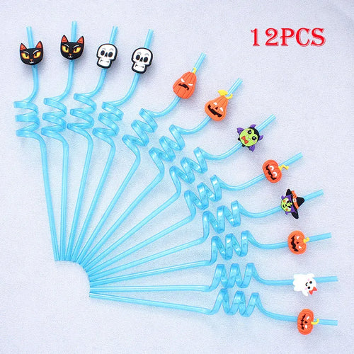 12pcs ReusablePlastic Straw Halloween Theme Cartoon Style Straws