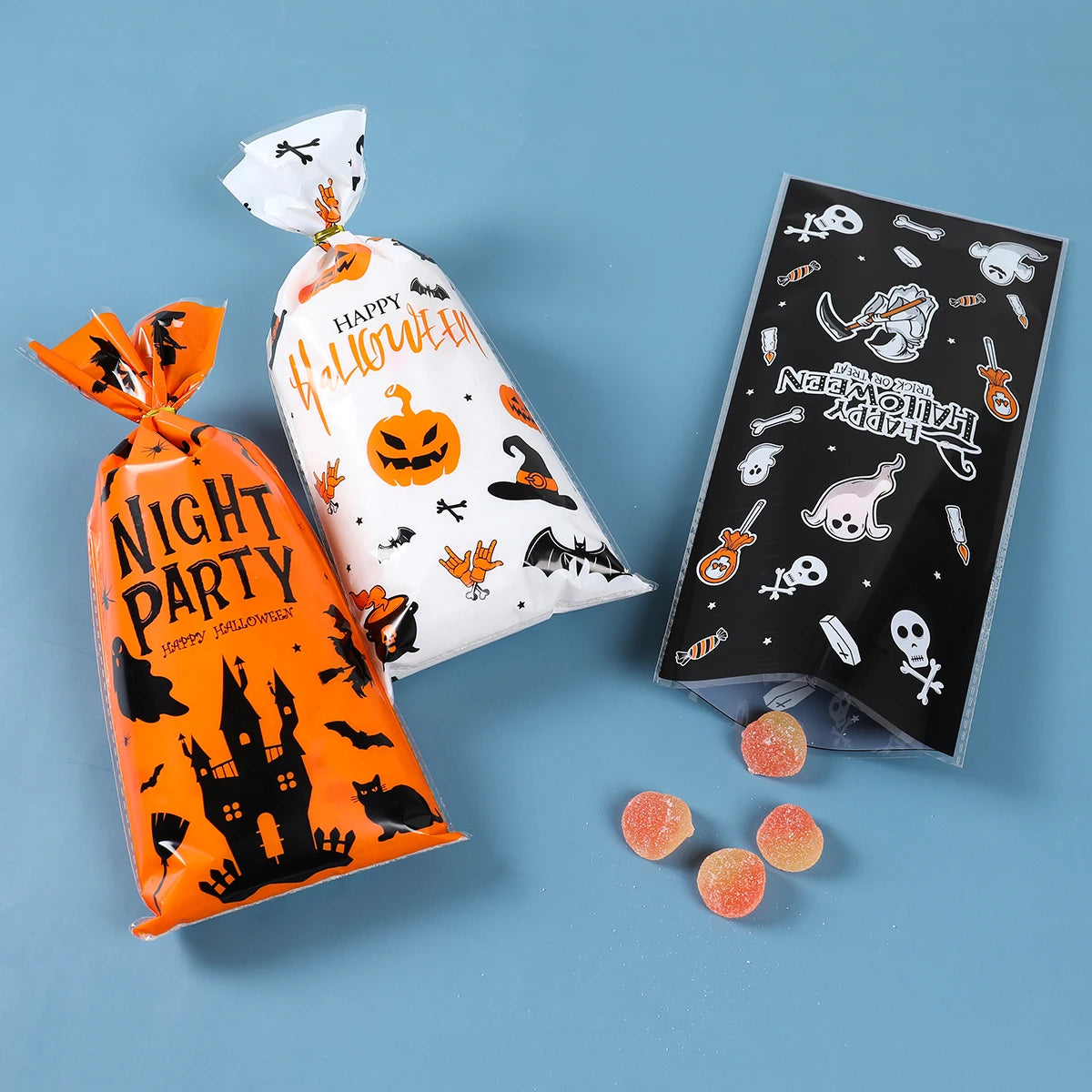 50pcs Halloween Gift Bags Pumpkin Ghost Bat Candy Cookie Bags for Kids