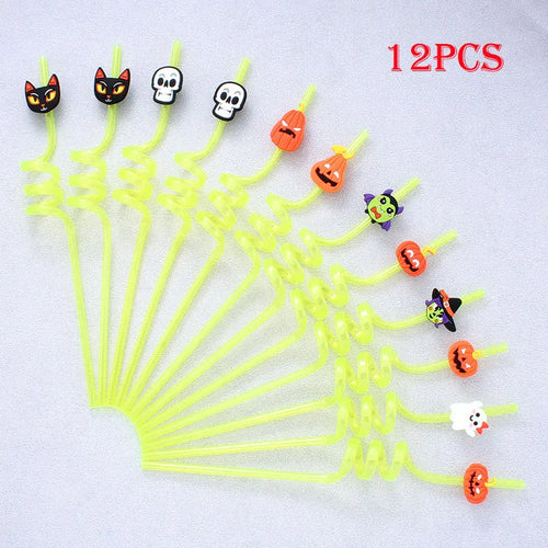 12pcs ReusablePlastic Straw Halloween Theme Cartoon Style Straws