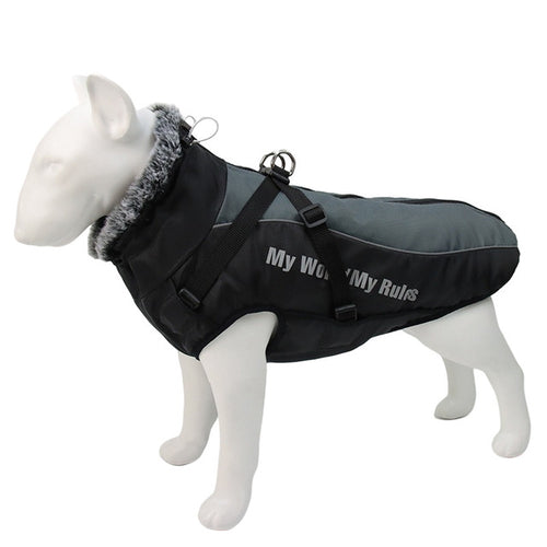 2024 Waterproof Large Dog Clothes Winter Dog Coat With Harness Furry Collar