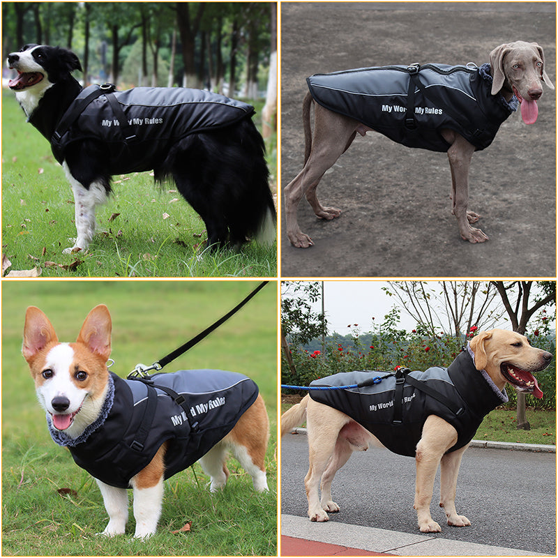 2024 Waterproof Large Dog Clothes Winter Dog Coat With Harness Furry Collar