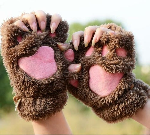 Fluffy Bear & Cat Paw Mittens – Winter Gloves