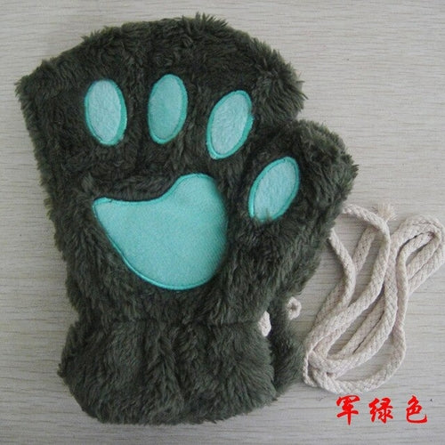 Fluffy Bear & Cat Paw Mittens – Winter Gloves