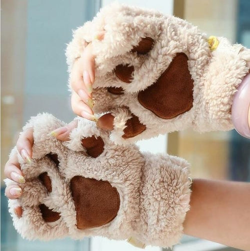 Fluffy Bear & Cat Paw Mittens – Winter Gloves