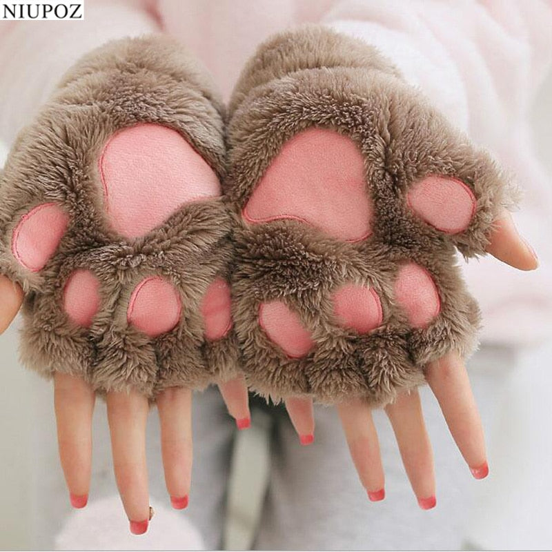 Fluffy Bear & Cat Paw Mittens – Winter Gloves