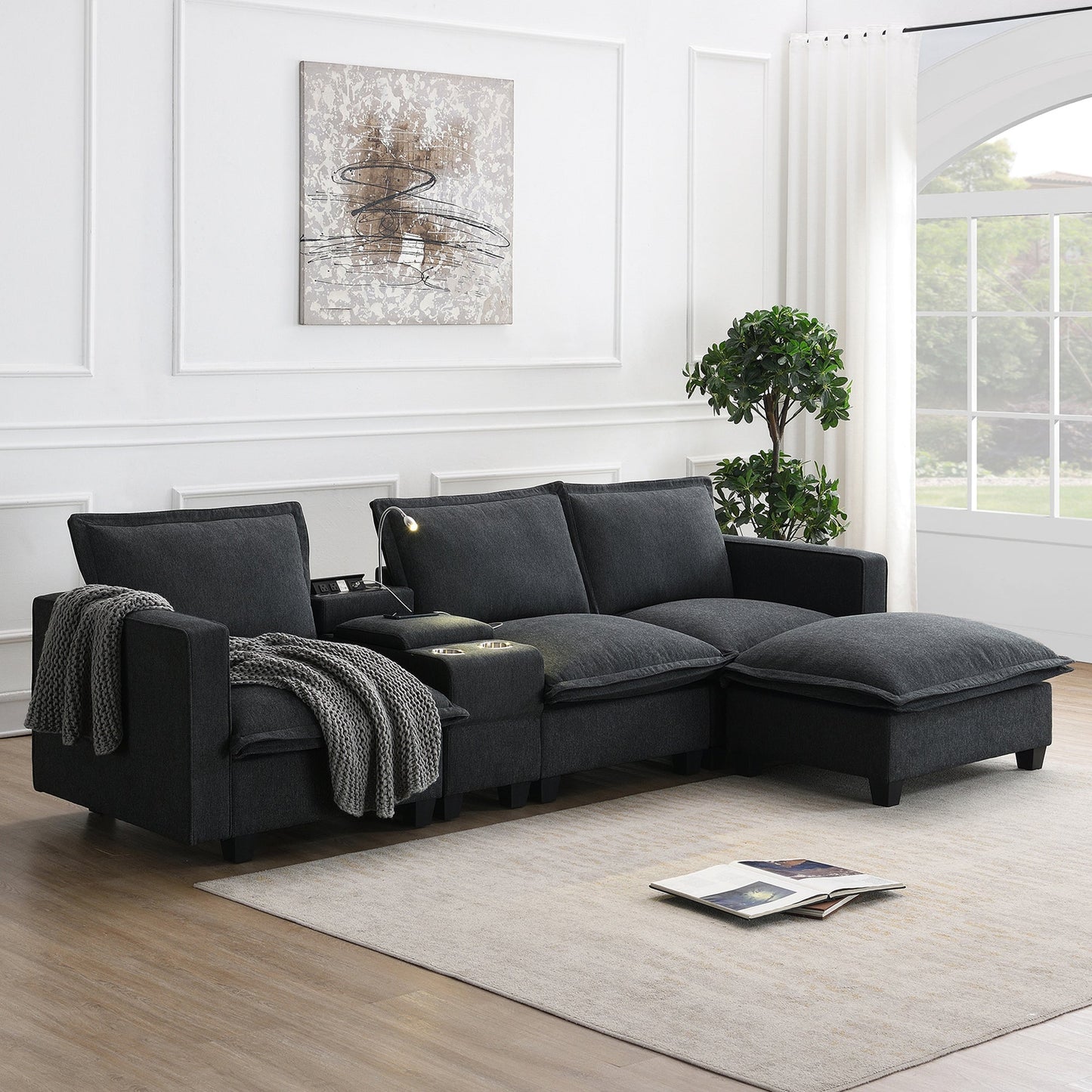 109*57"Modern Sectional Cloud Sofa with Console,USB Charging