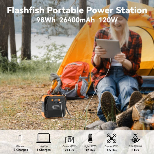 Flashfish 120W Portable Power Station, 98Wh/26400mAh Solar Generator