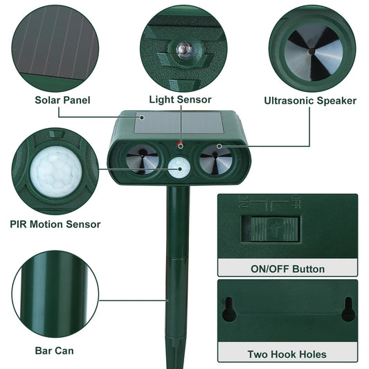 Ultrasonic Animal Repeller Solar Powered Motion Sensor Repellent IPX4