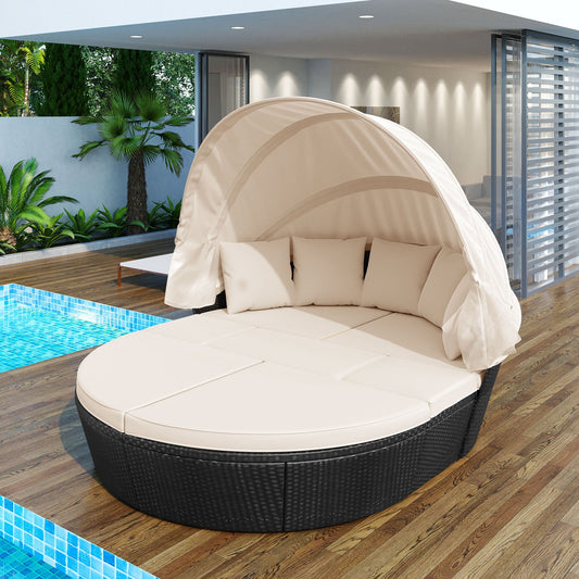 Outdoor rattan daybed sunbed with Retractable Canopy Wicker Furniture,